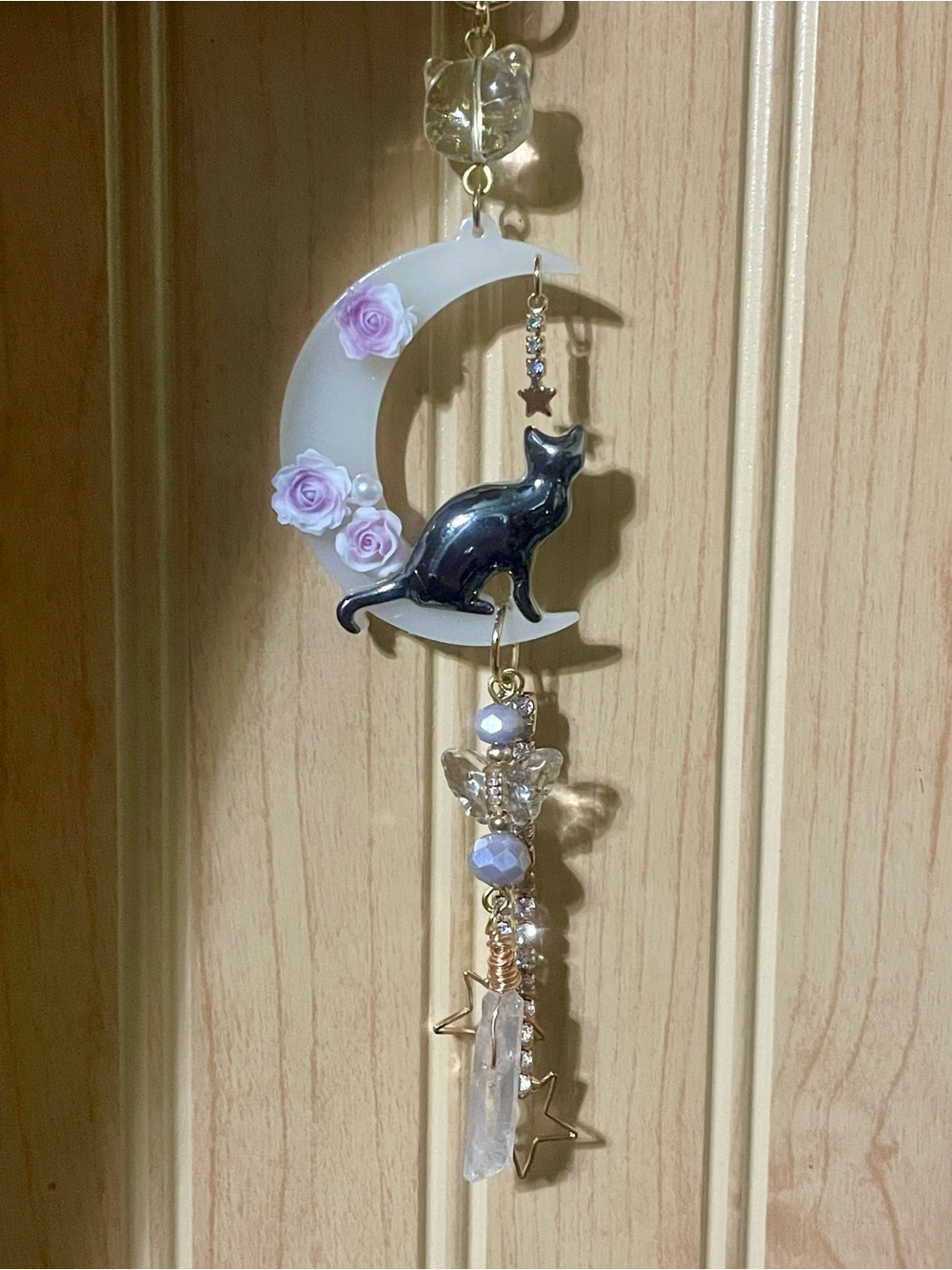 Hand Crafted Black Cat Moon Purse Charm Keychain with Lavender Rose Accents